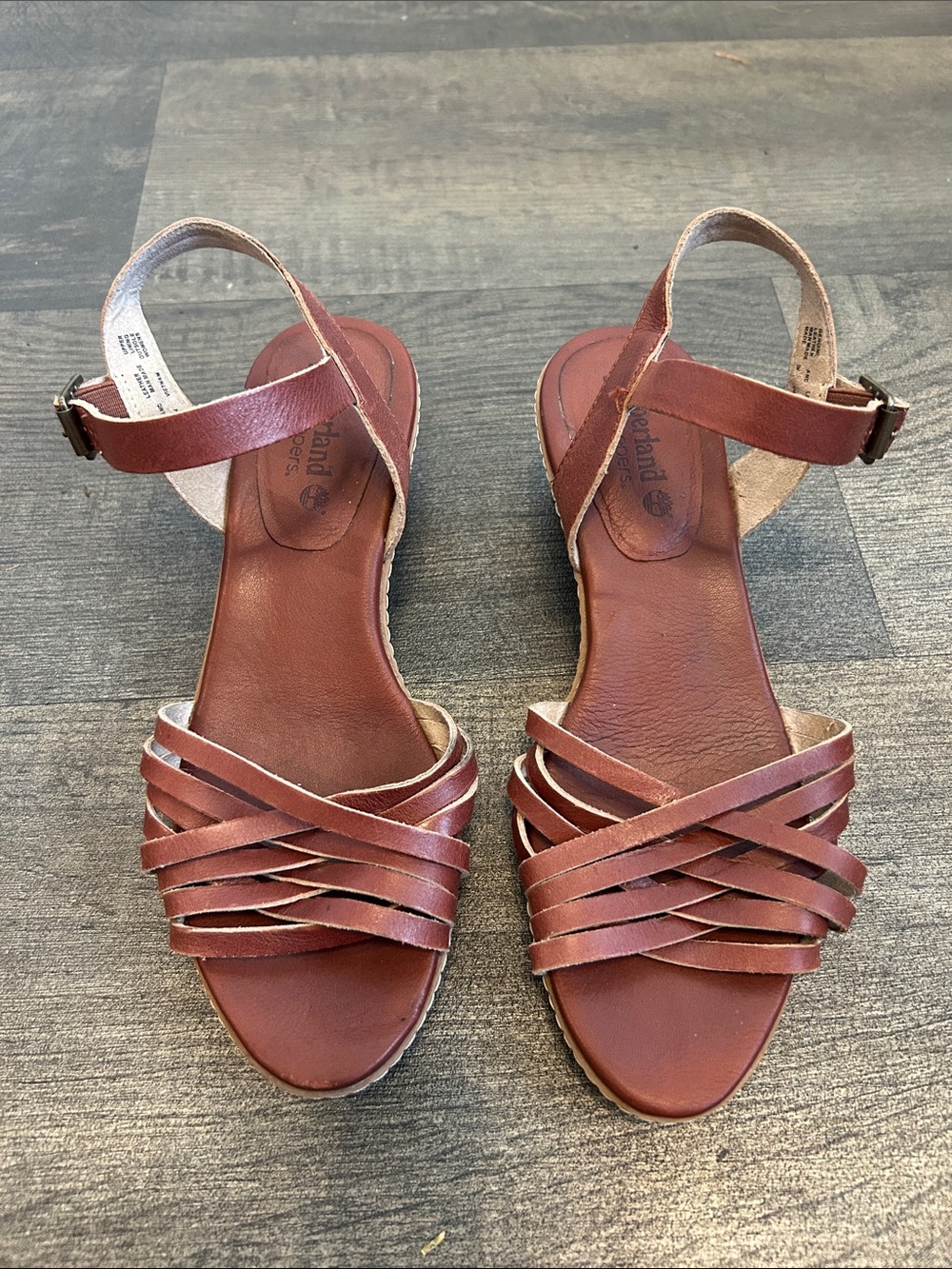 Timberland Women's Brown Leather Strappy Wedge Sandals with Ankle Buckle